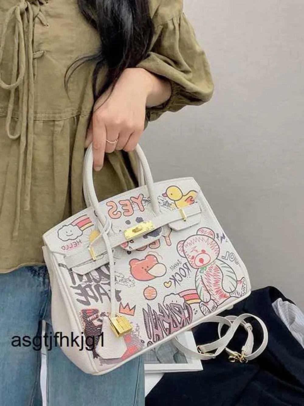White Graffiti Print Top-Handle Bag - Picture 16 of 16